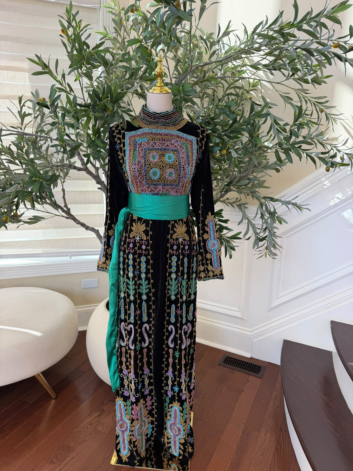 Elegant Black Palestinian Embroidered Thobe with Multicolor Detailing and Turquoise Sash (scarf not included)