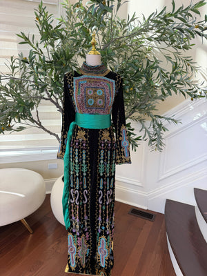 Elegant Black Palestinian Embroidered Thobe with Multicolor Detailing and Turquoise Sash (scarf not included)