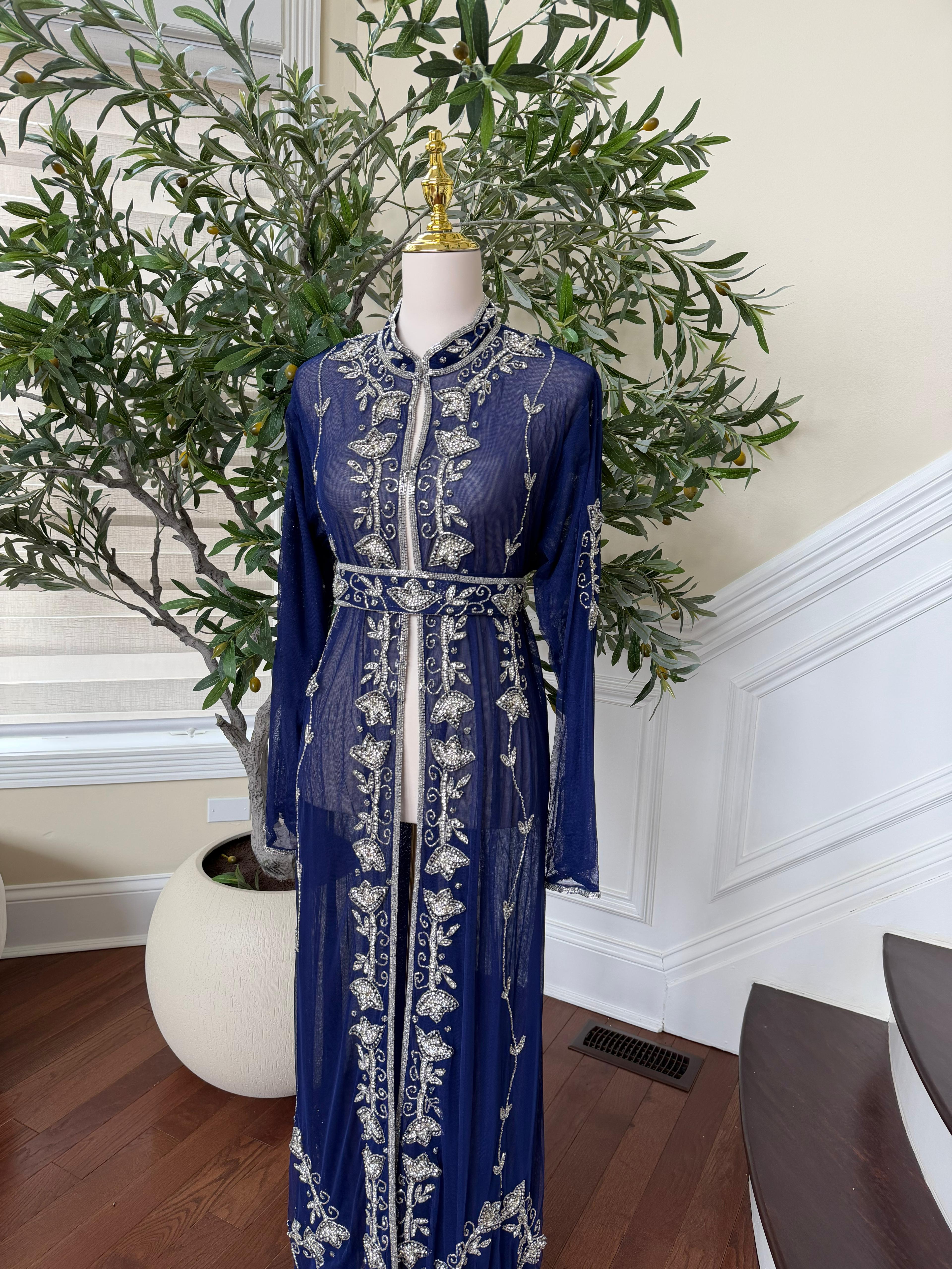 Navy Blue Silver Stone Cardigan Abaya