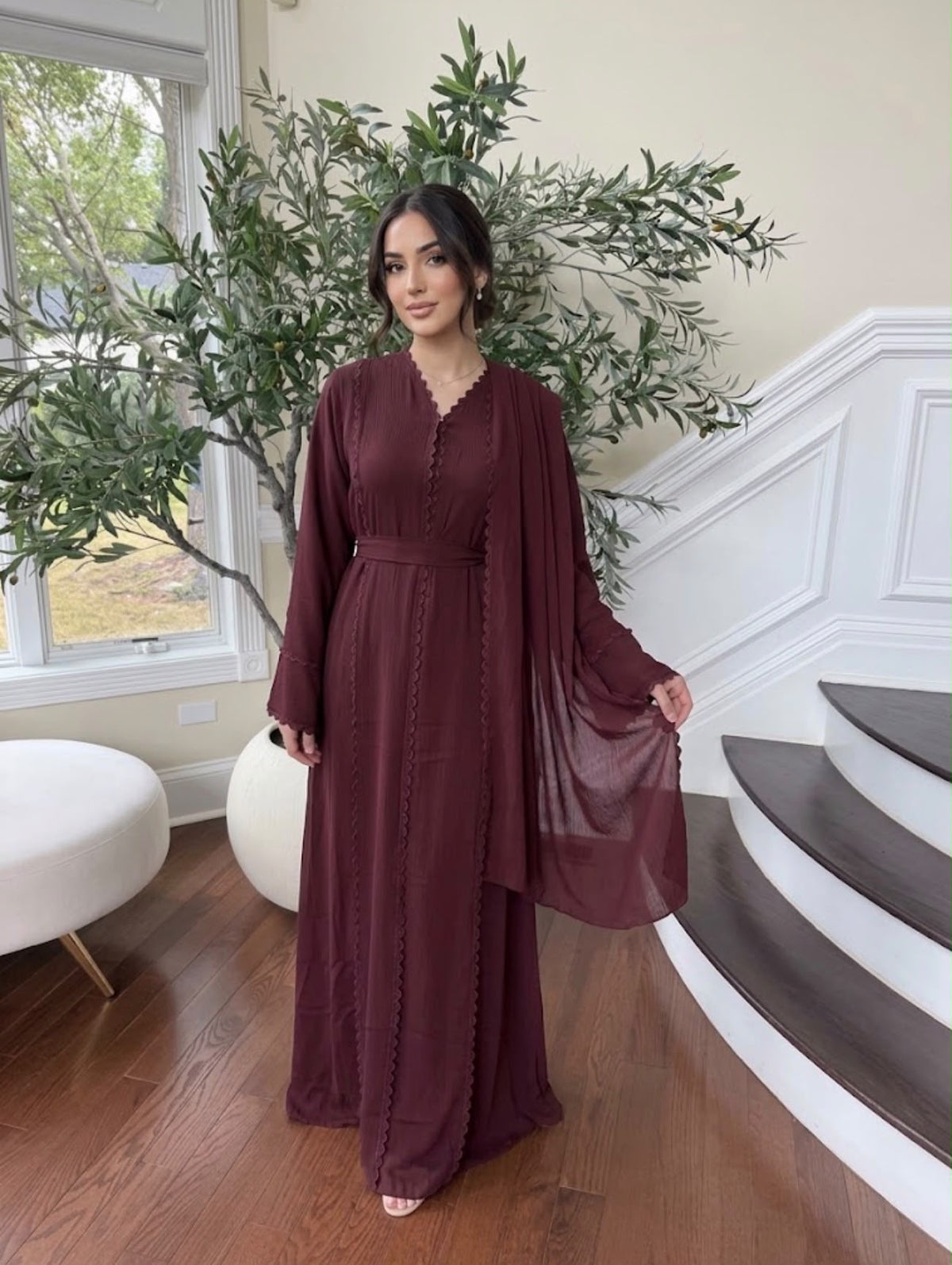 Burgundy Elegance Beaded Charm Abaya