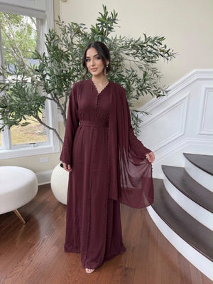 Burgundy Elegance Beaded Charm Abaya