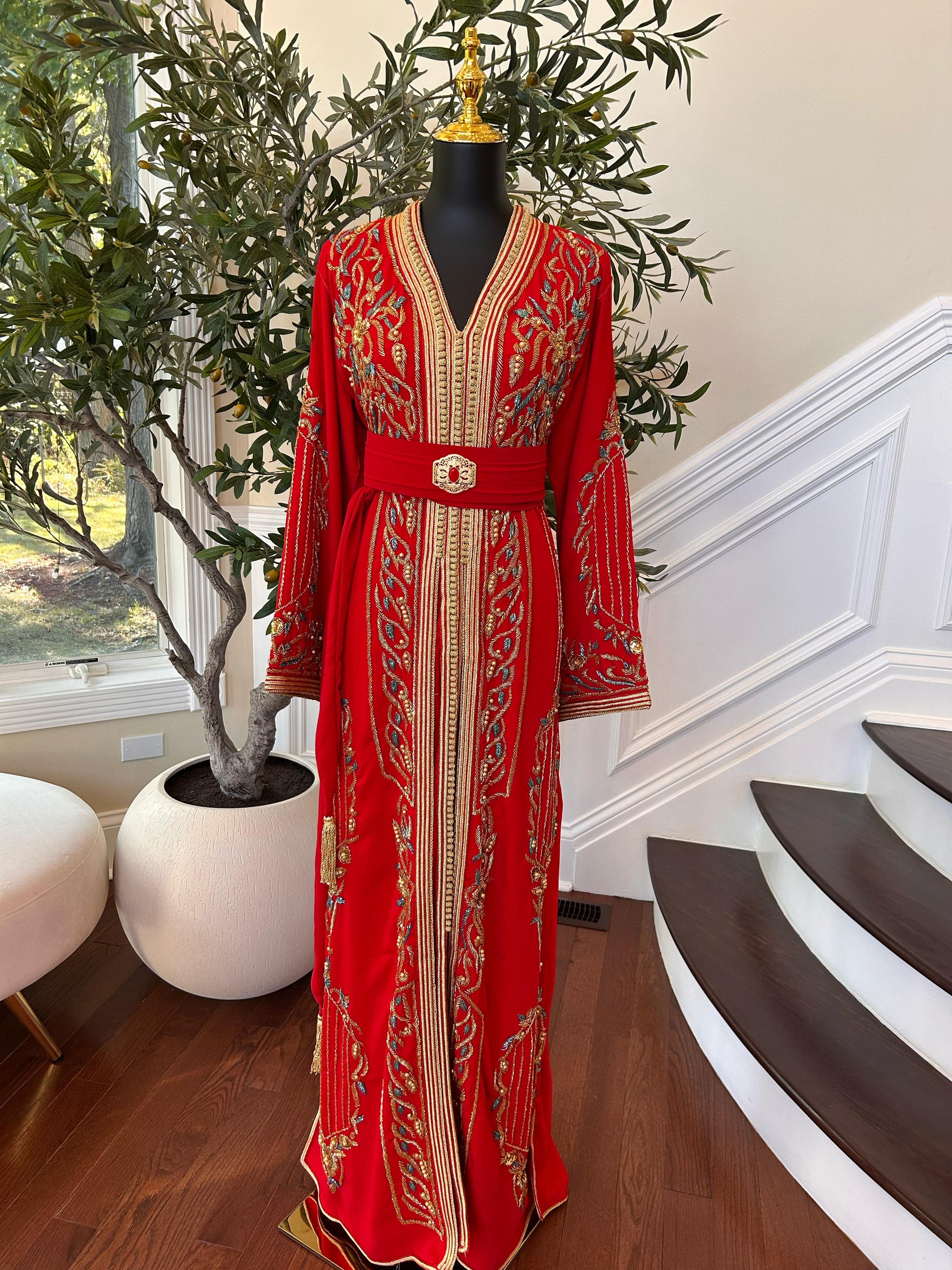 Red Embellished Golden Kuftan