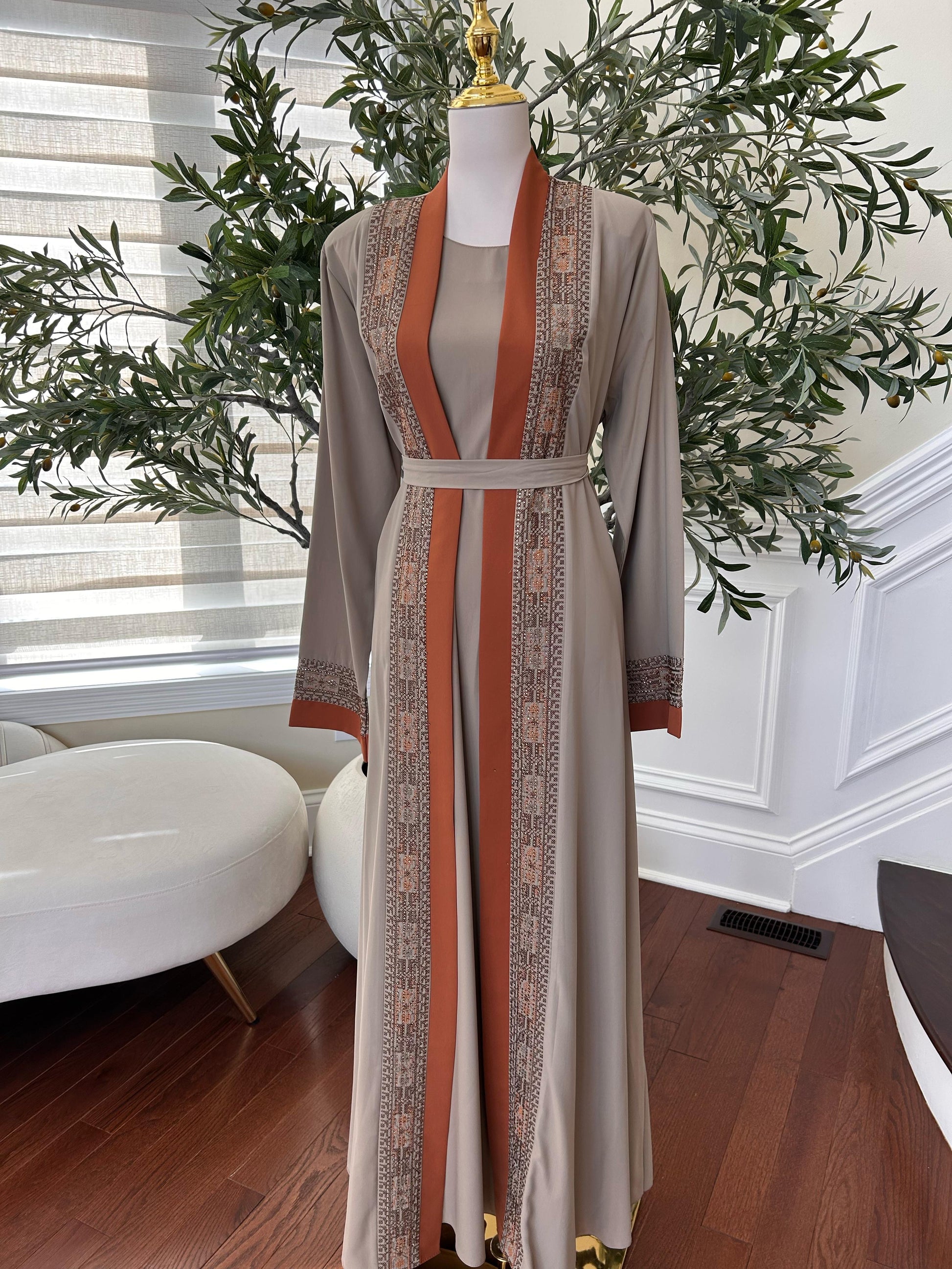 Tan Two Piece Tatreez Beaded Abaya