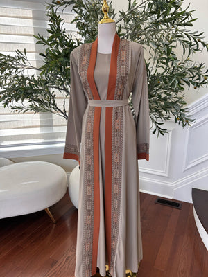 Tan Two Piece Tatreez Beaded Abaya