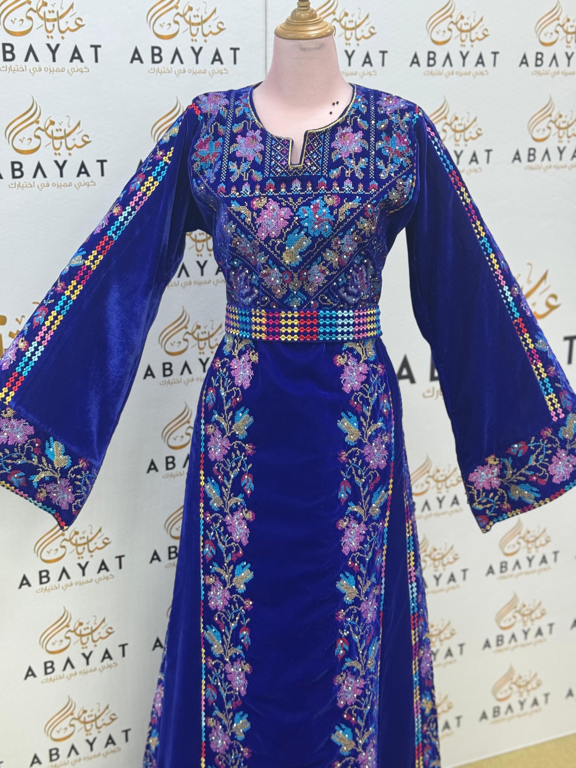 Premier Velvet Thobe With Wide Sleeves & Floral Tatreez