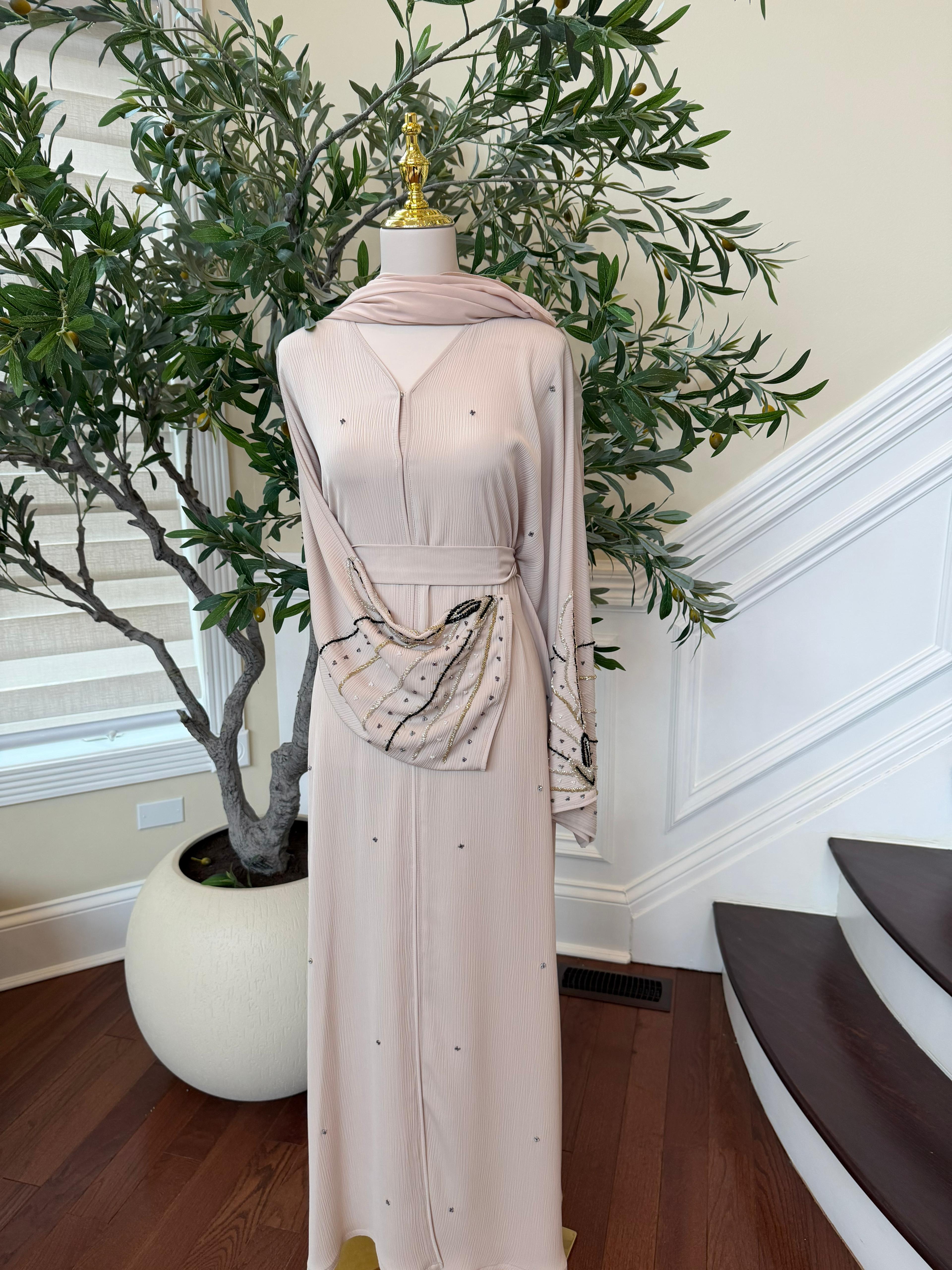 Cream Sleeve Beaded Abaya