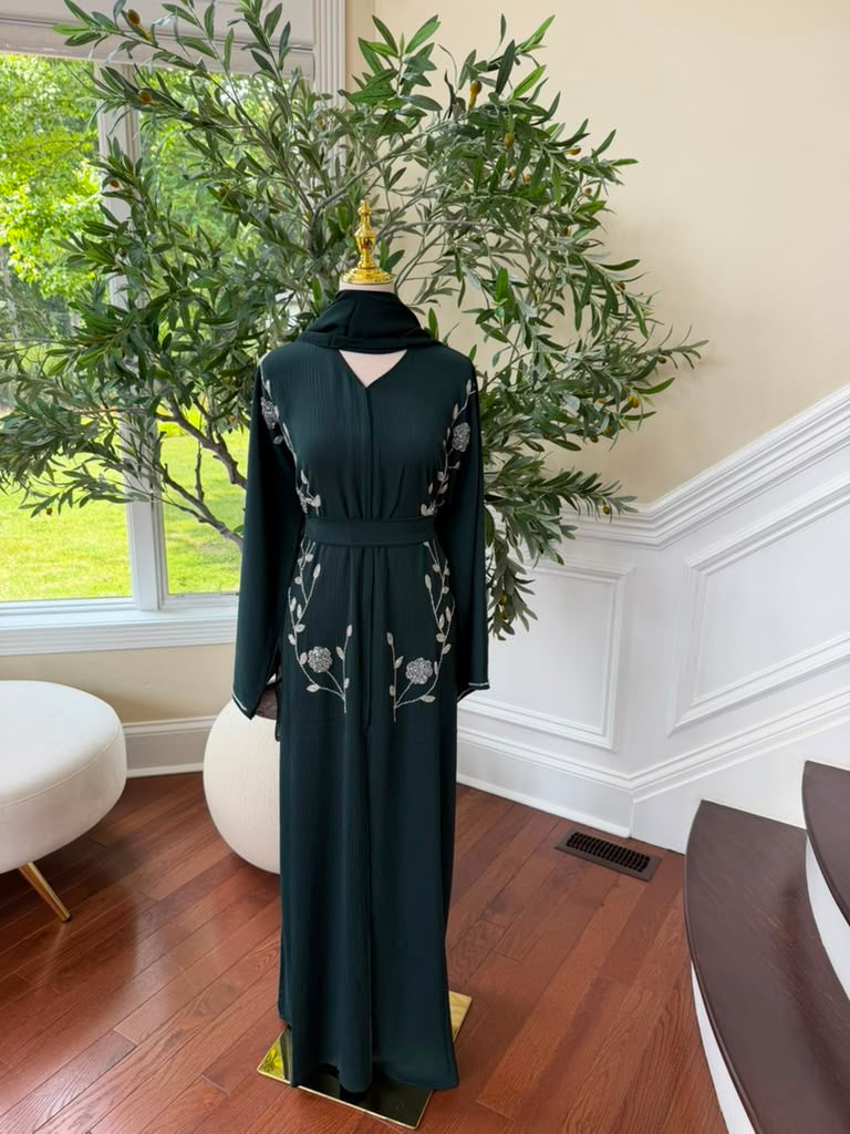 Emerald Green Rose Beaded Abaya