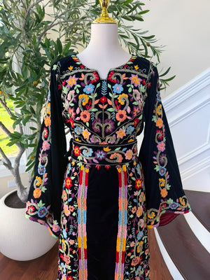 Navy Blue Stone Embroidered Tatreez Floral Thobe