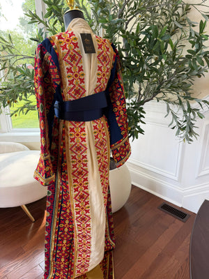 Cream Embroidery Tatreez Blue Sabal Kharaz Thobe