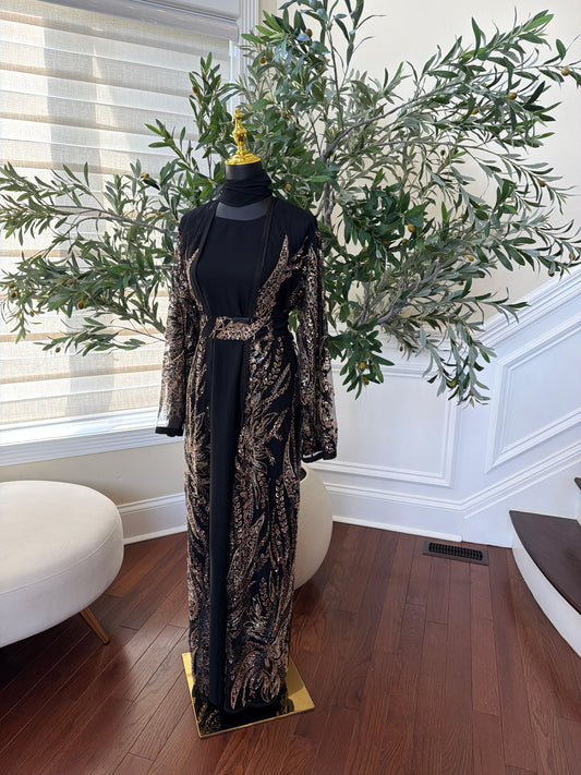 Golden Black Sparkle Cardigan Abaya
