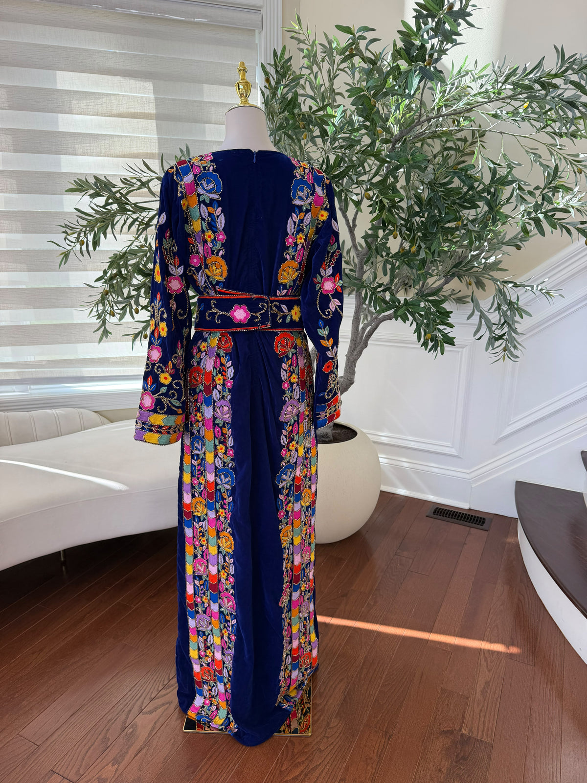 Royal Blue Velvet Palestinian Thobe with Colorful Floral Embroidery – Scarf Not Included