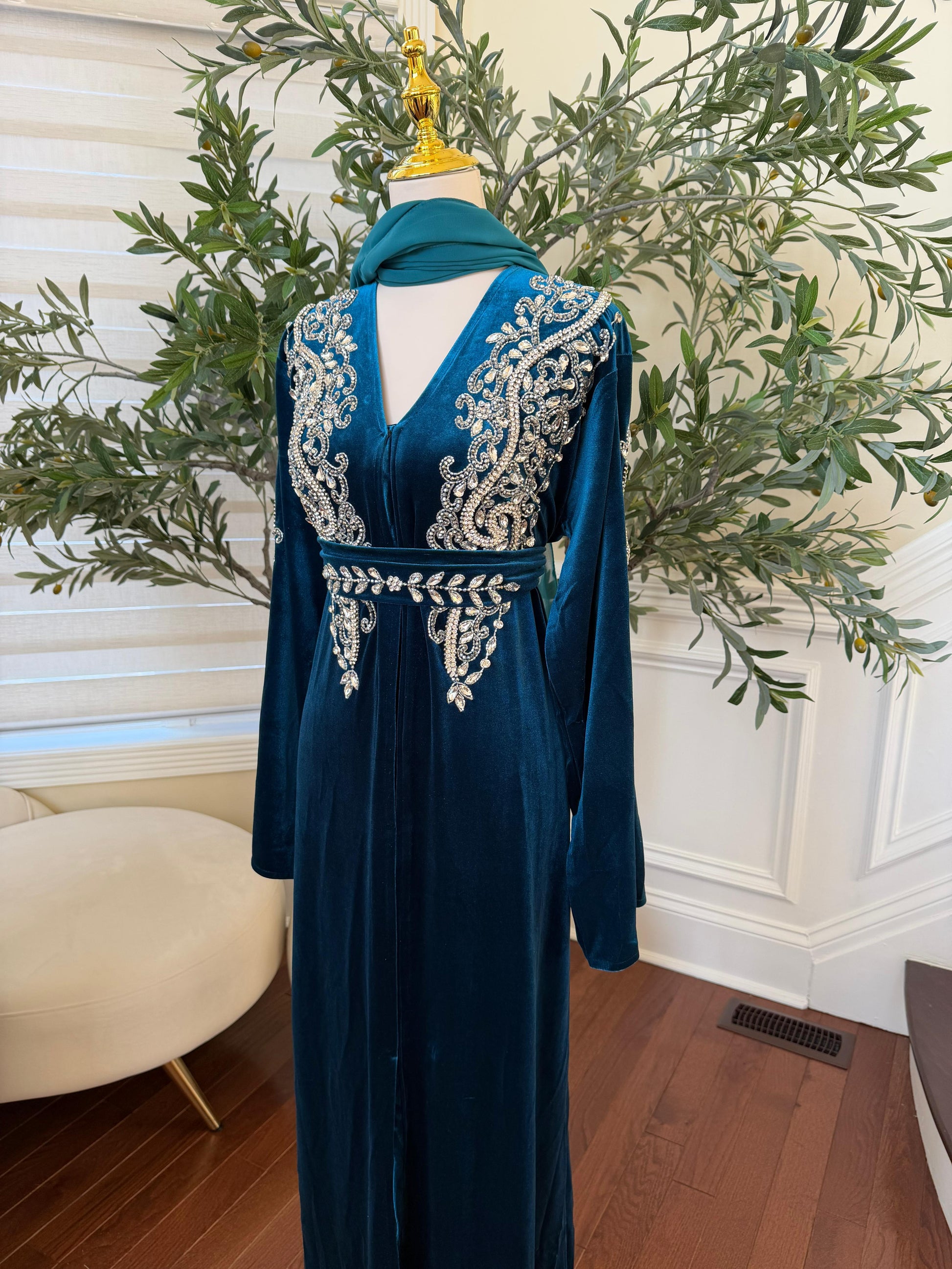 Turquoise Velvet Stone Beaded Abaya