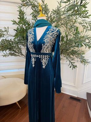 Turquoise Velvet Stone Beaded Abaya