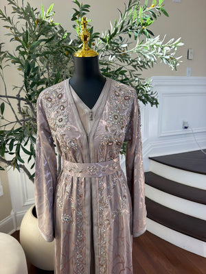 Elegant Mauve Embroidered Kaftan with Silver Beadwork