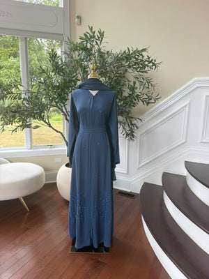 Blue Elegance Charm Beaded Nade Fabric Abaya
