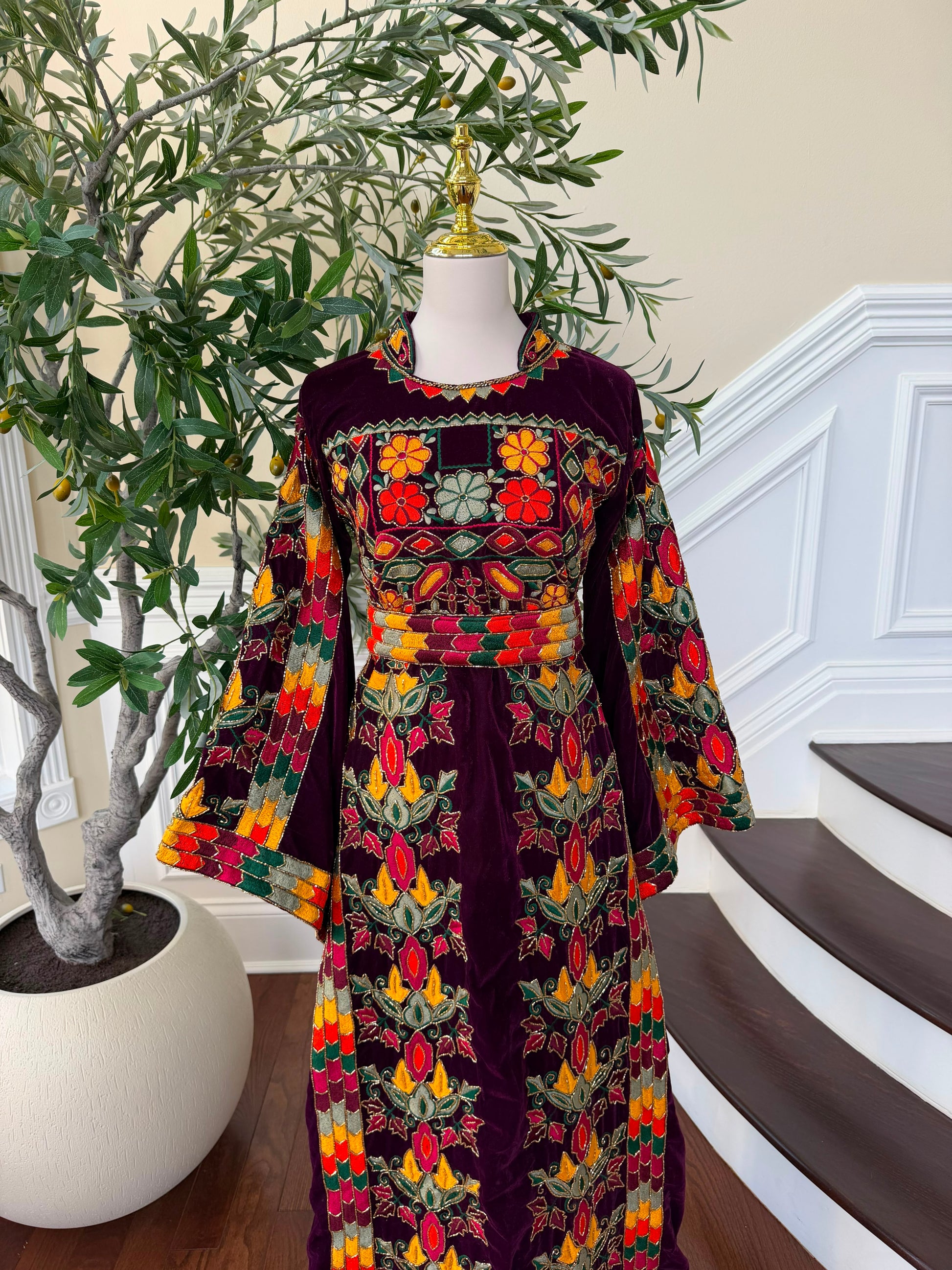 Burgundy Velvet Beaded Stone Thobe
