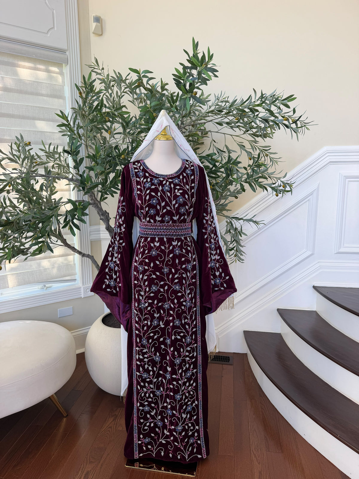 Elegant Burgundy Velvet Thobe with Blue and Silver Floral Embroidery (scarf not included)