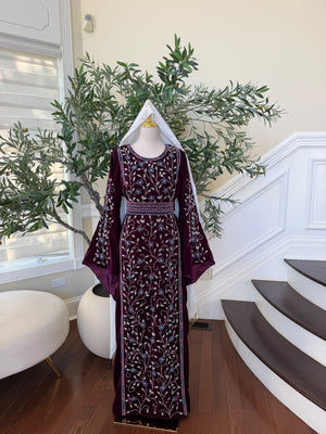 Elegant Burgundy Velvet Thobe with Blue and Silver Floral Embroidery (scarf not included)
