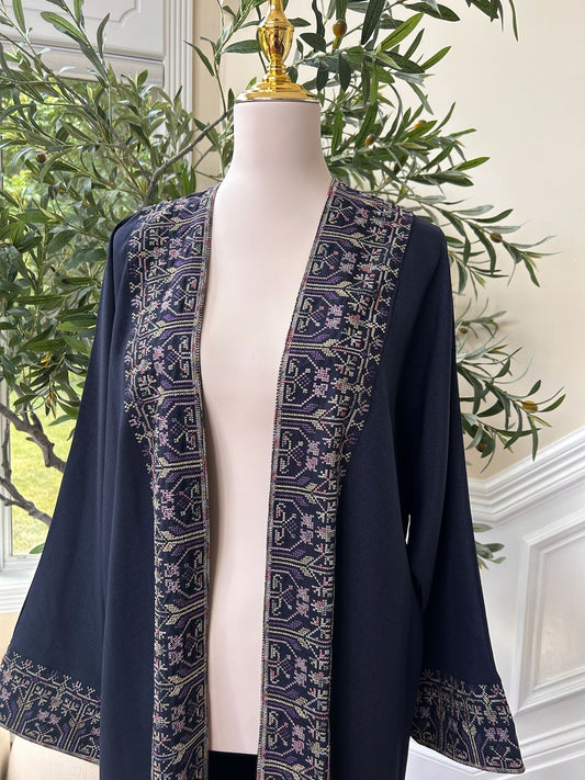 Navy Blue Tatreez Purple Elegance Cardigan Abaya