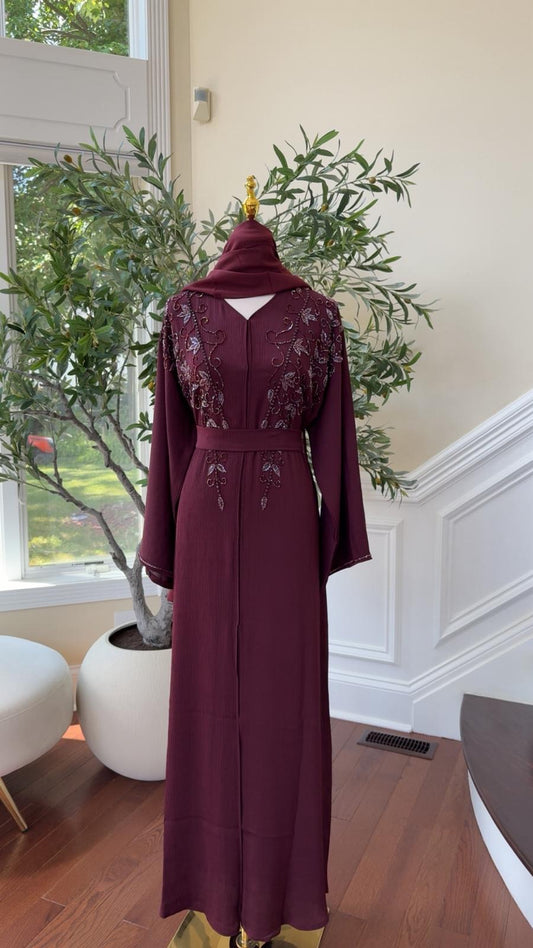 Burgundy Rose Quality Beaded Abaya