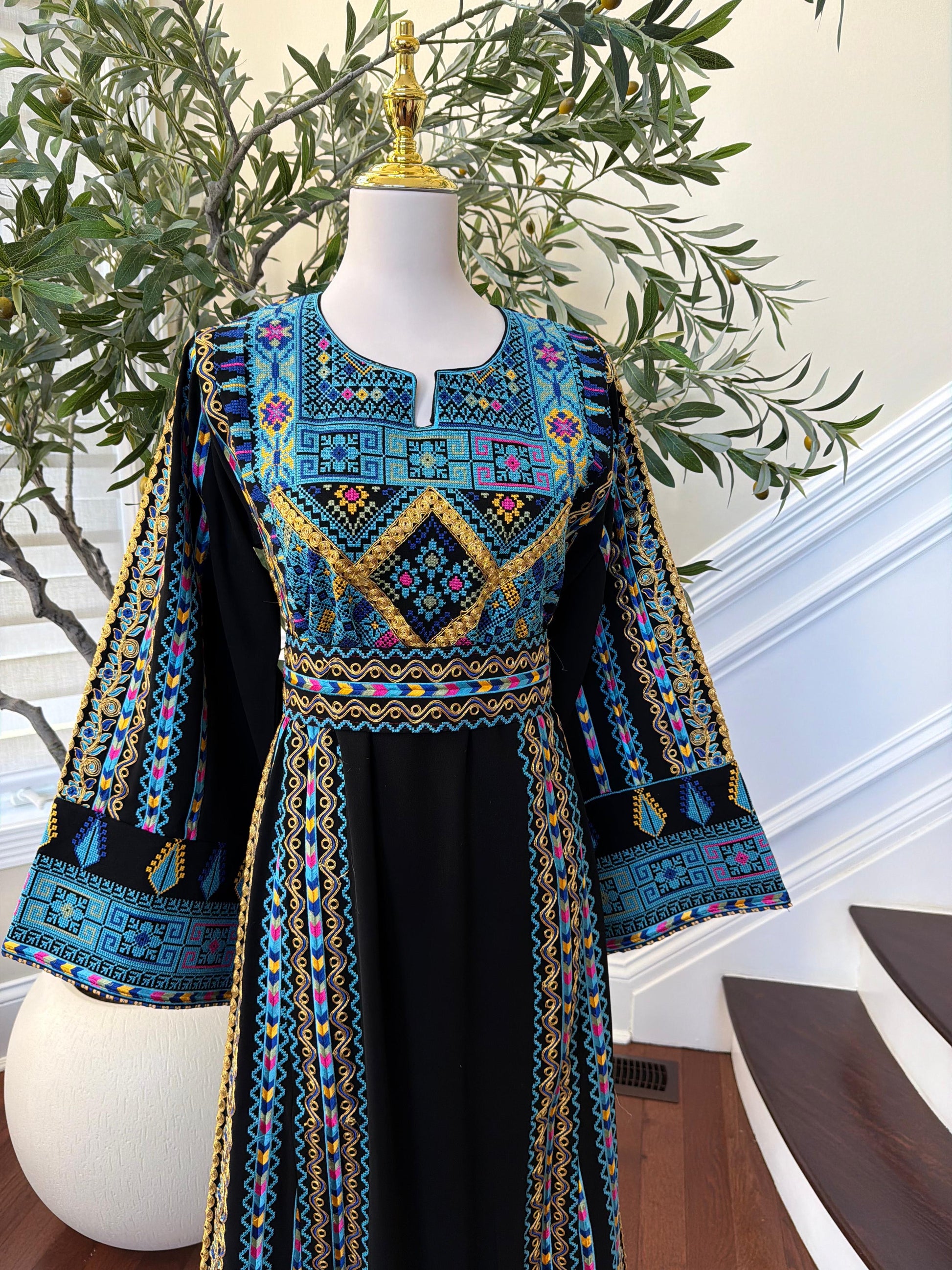 Black Embroidery Tatreez Traditional Blue Thobe