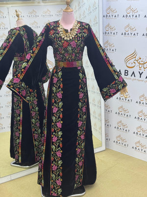 Luxury Black Velvet Thobe – Multicolor Floral Tatreez Design