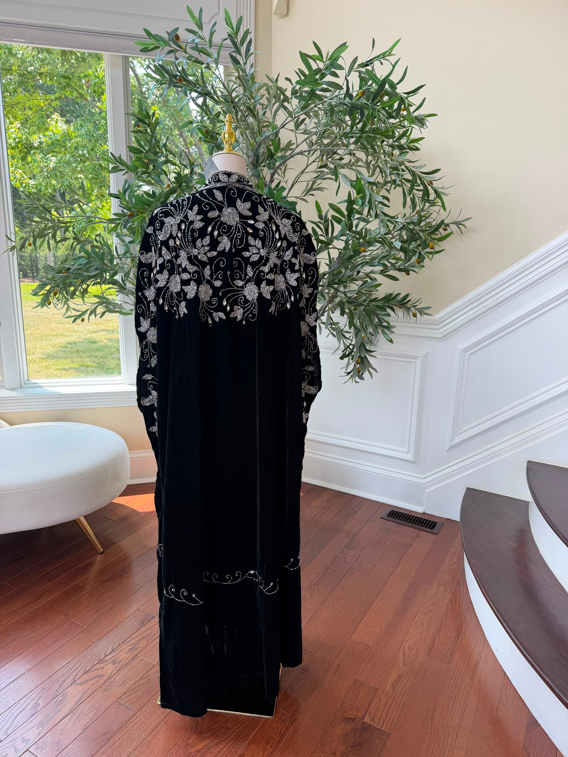 Velvet Black Beaded Elegance Cardigan Abaya