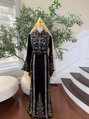 Elegant Black Velvet Thobe with Multicolor Floral Embroidery(scarf not included)