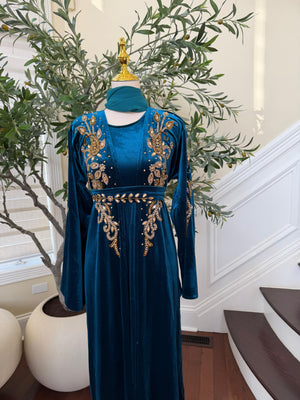 Turquoise Golden Crystal Two Piece Beaded Abaya