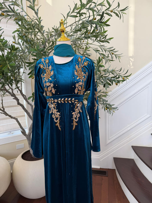 Turquoise Golden Crystal Two Piece Beaded Abaya
