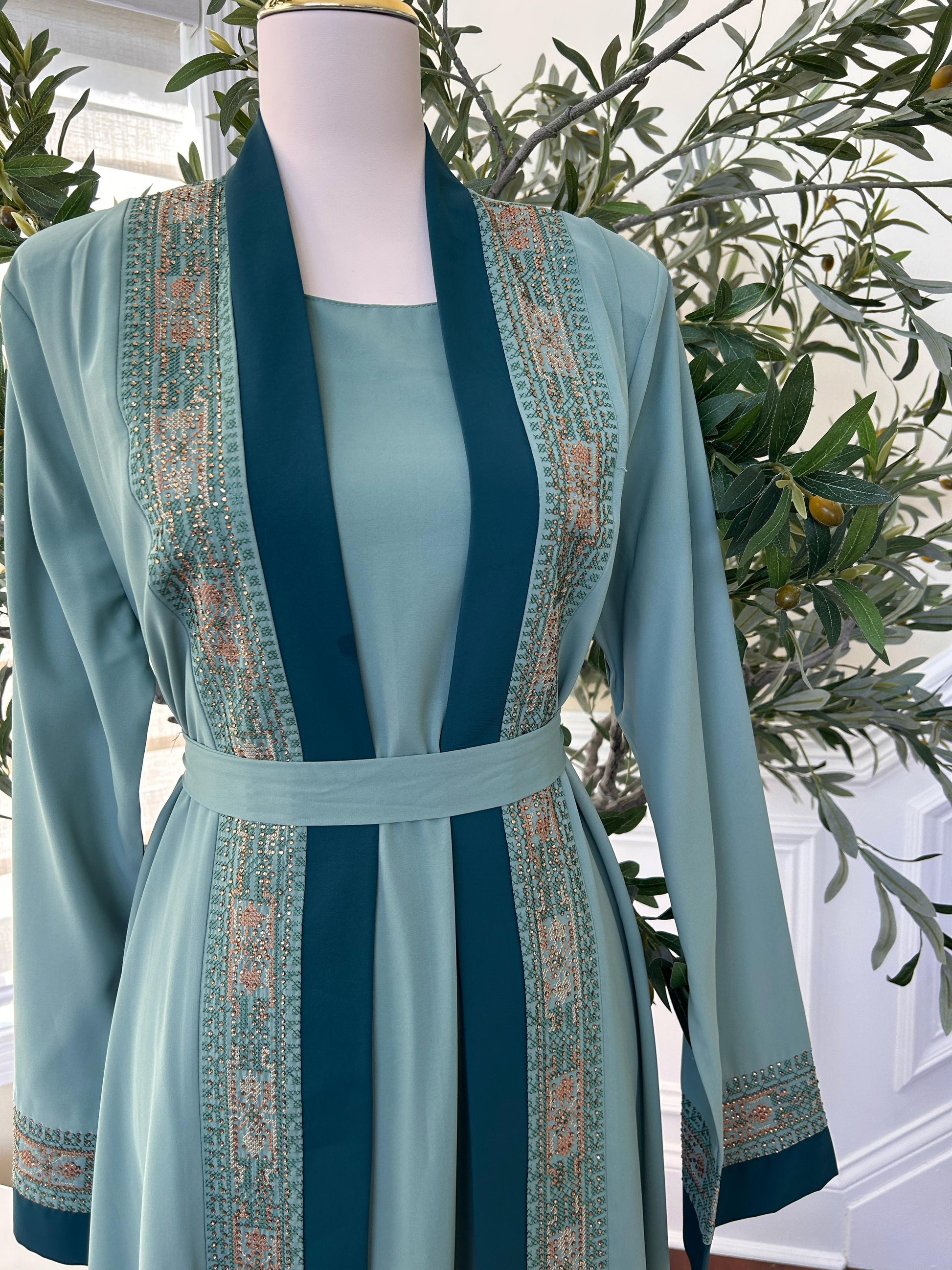 Teal Harmony Two Piece Tatreez Beaded Abaya