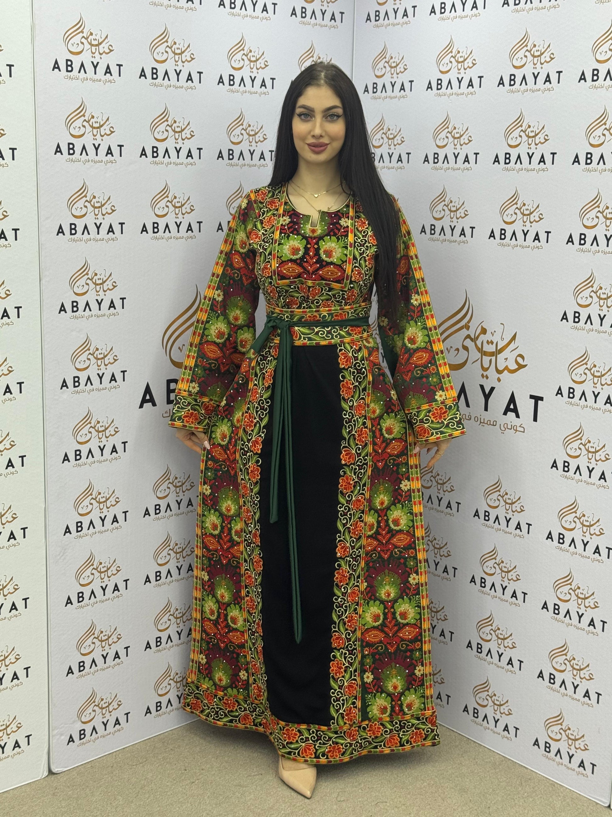 Traditional Palestinian Embroidered Thobe – Vibrant Floral Pattern with Green Waist Belt