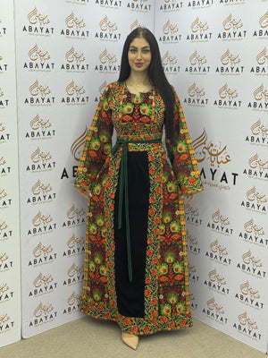 Traditional Palestinian Embroidered Thobe – Vibrant Floral Pattern with Green Waist Belt