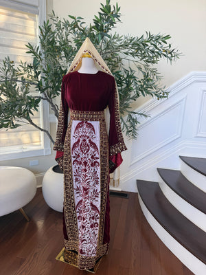 Elegant Burgundy Velvet Palestinian Thobe with Gold Embroidery