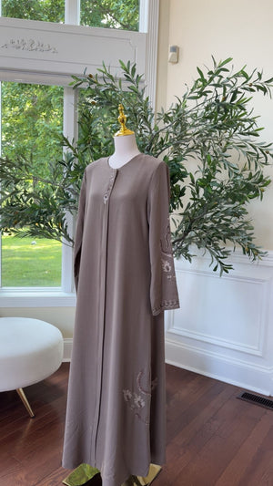 Taupe Embroidered Classic Abaya – Subtle & Floral Detail