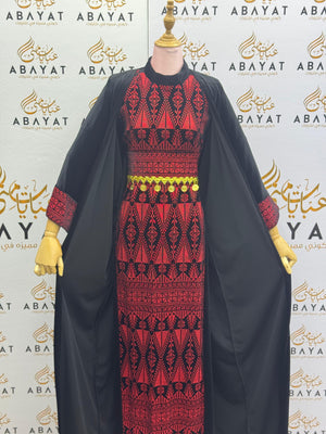 Black & Red Palestinian Thobe with Traditional Tatreez Embroidery and Open Abaya A1968