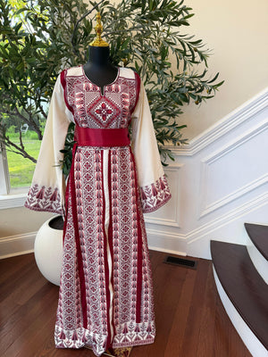 White Traditional Embroidery Red Tatreez Thobe