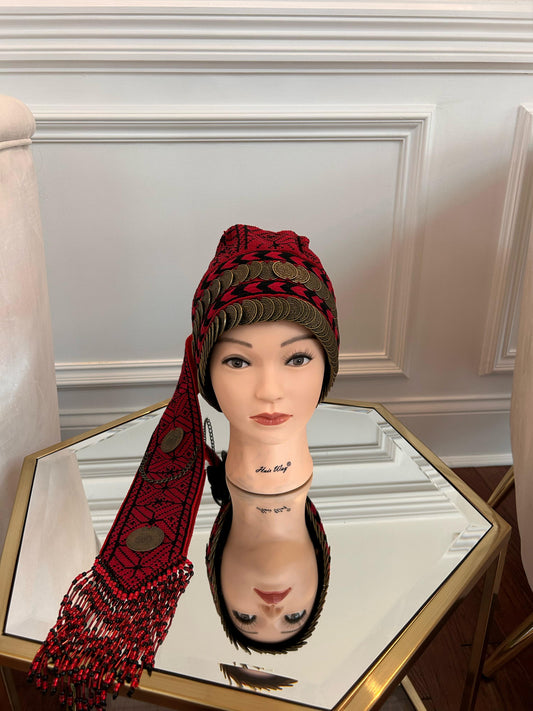 Red Tatreez Embroidery Coin Head Piece تطريز يدوي