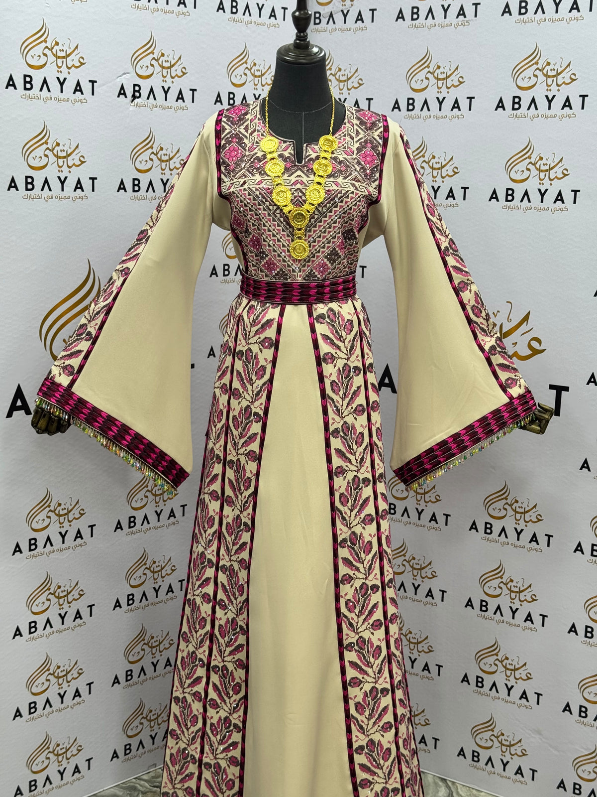 Ivory & Magenta Palestinian Embroidered Thobe
