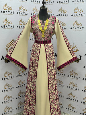 Ivory & Magenta Palestinian Embroidered Thobe