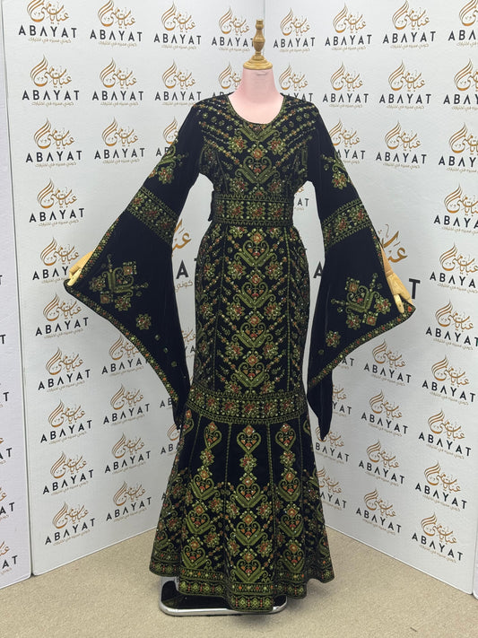 Black Velvet Palestinian Thobe – Green & Red Tatreez Embroidery with Belt A09042025