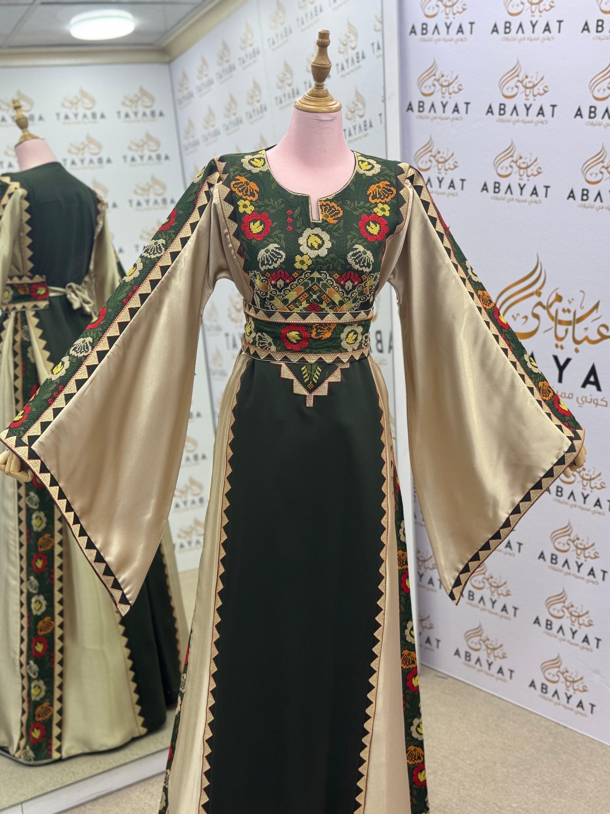 Olive Green & Gold Palestinian Embroidery Thobe – Floral Heritage Design A09082025