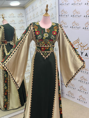 Olive Green & Gold Palestinian Embroidery Thobe – Floral Heritage Design A09082025