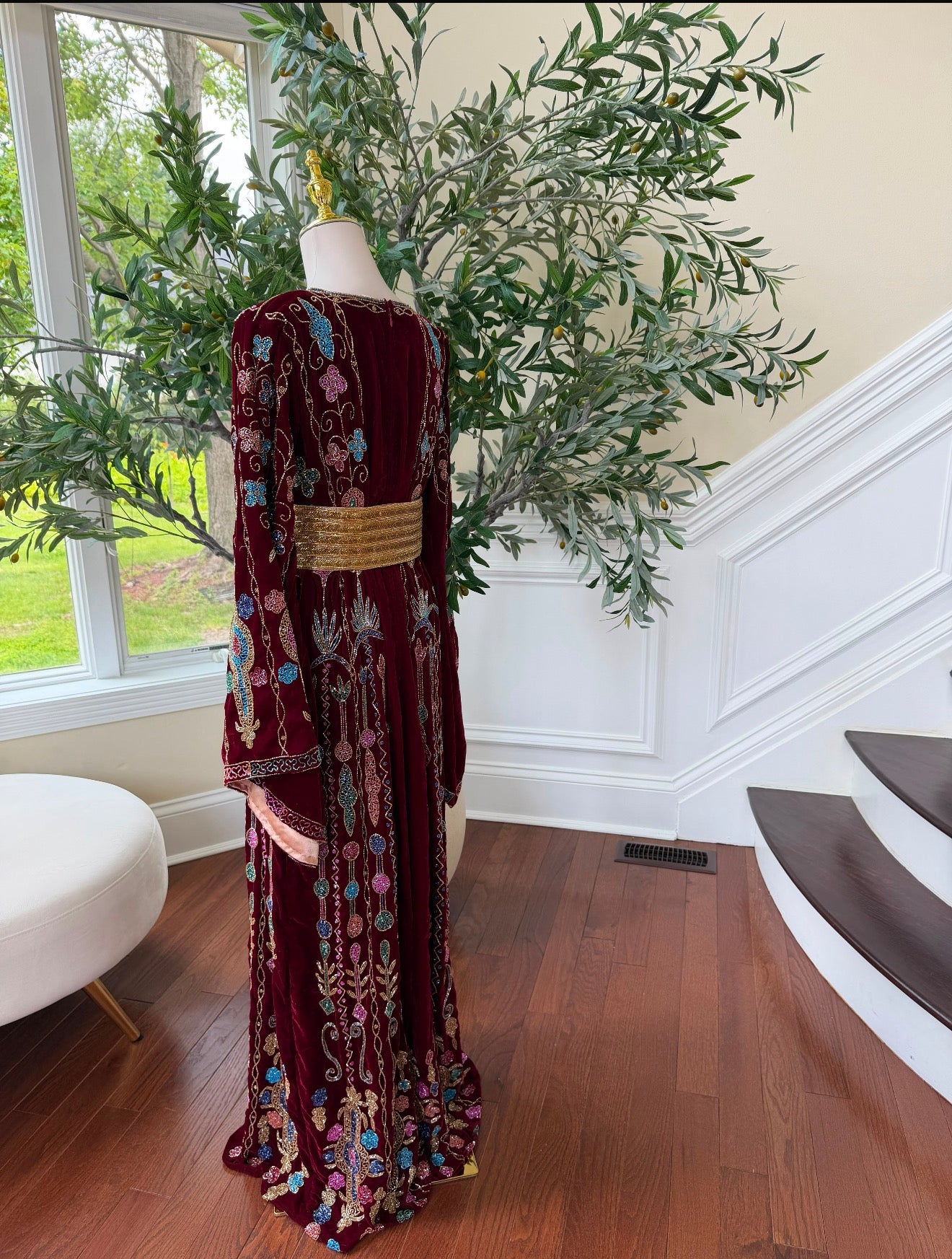 Burgundy Velvet Beaded Thobe 09759