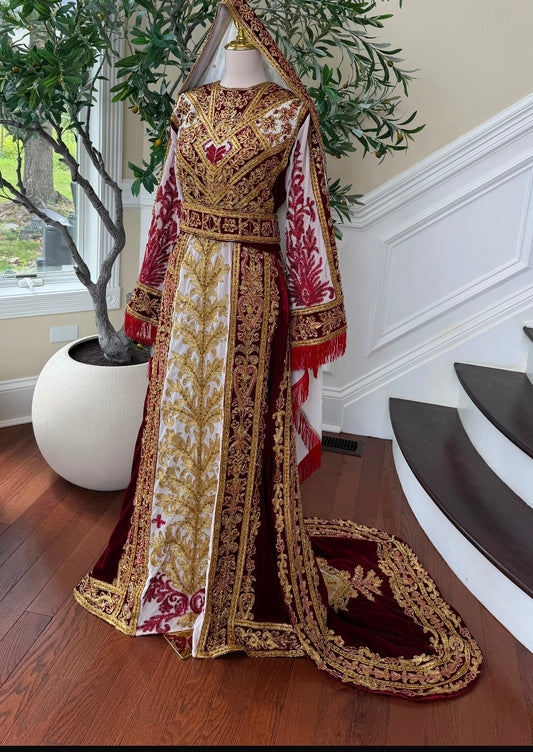 Royal Burgundy Embroidered & Hand-Beaded Bridal Ensemble — Includes Belt, Scarf & Overskirt