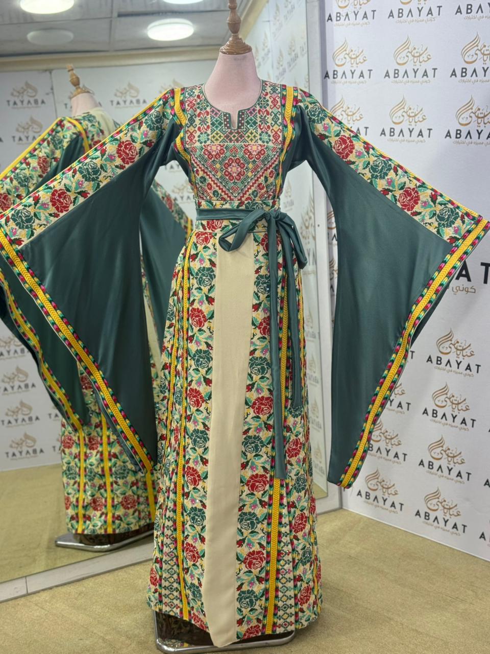 Garden Bloom Palestinian Thobe – Emerald Green & Cream