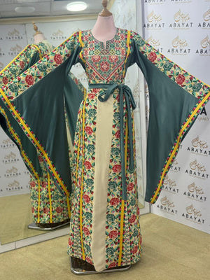 Garden Bloom Palestinian Thobe – Emerald Green & Cream