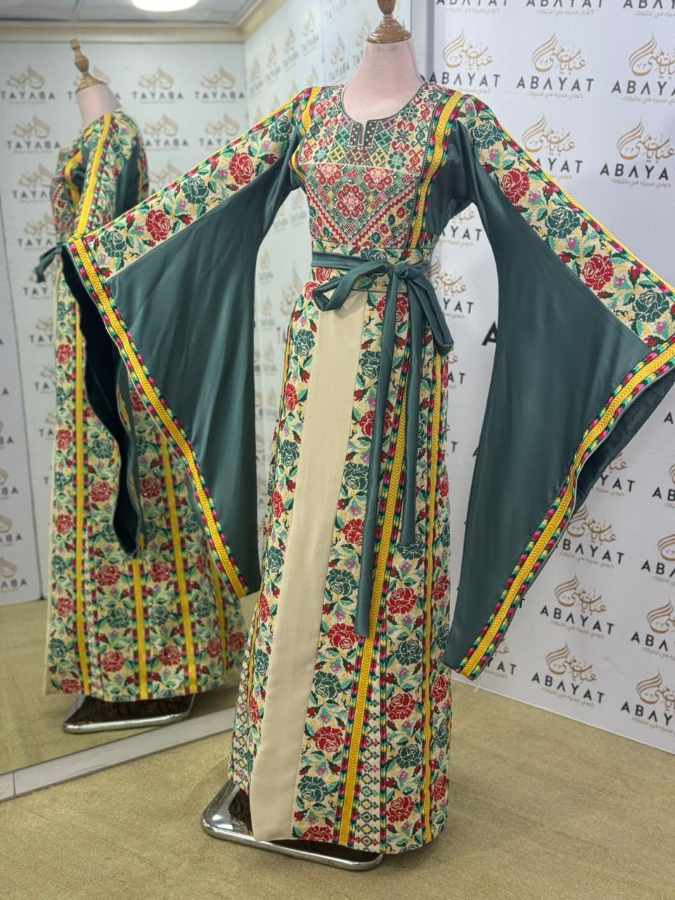 Garden Bloom Palestinian Thobe – Emerald Green & Cream