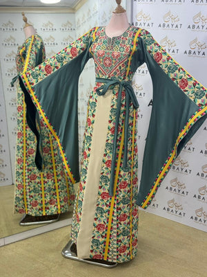 Garden Bloom Palestinian Thobe – Emerald Green & Cream