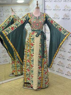 Garden Bloom Palestinian Thobe – Emerald Green & Cream